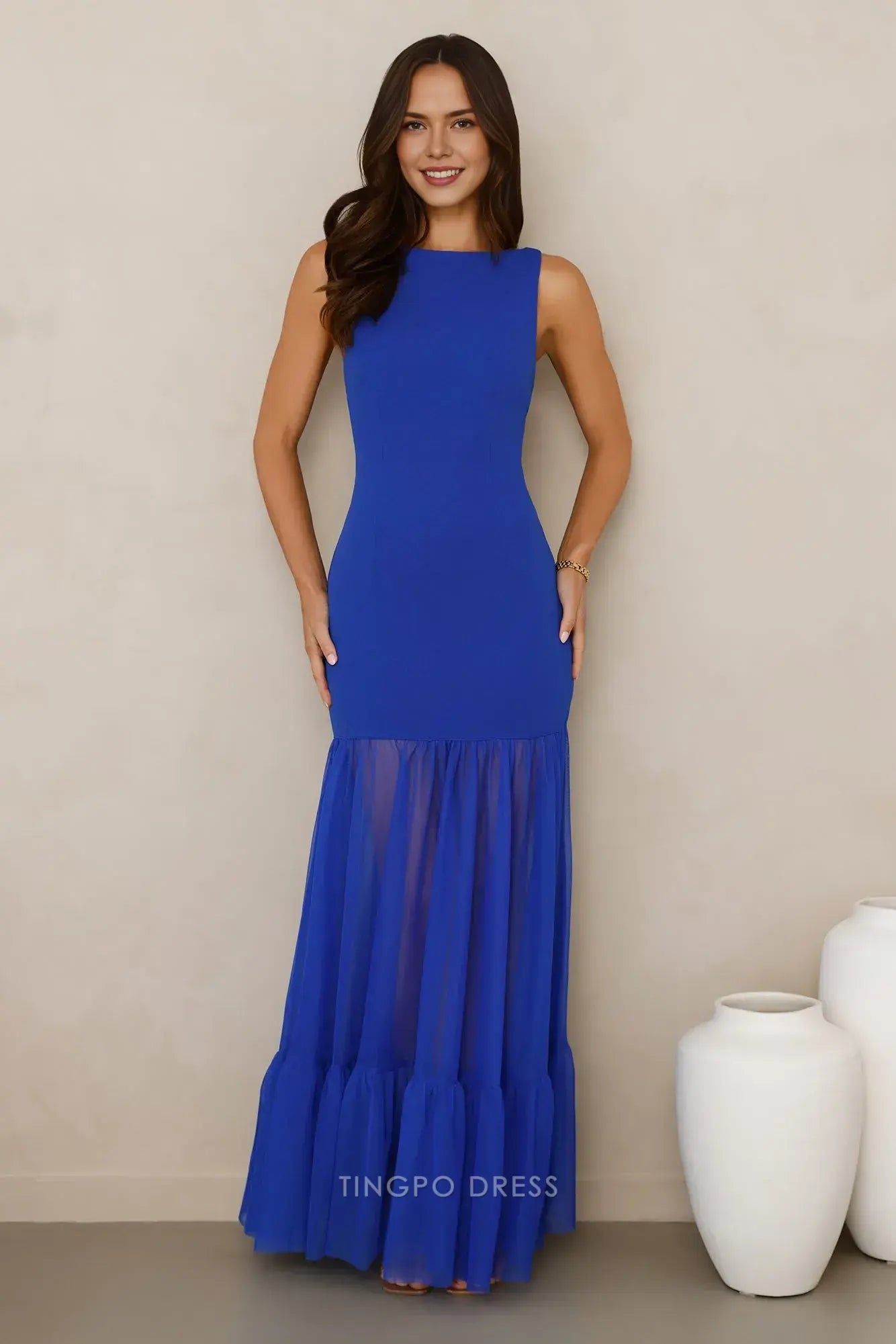Sleeveless Mesh Ruffle Maxi Dress with Back Tie Prom Dress